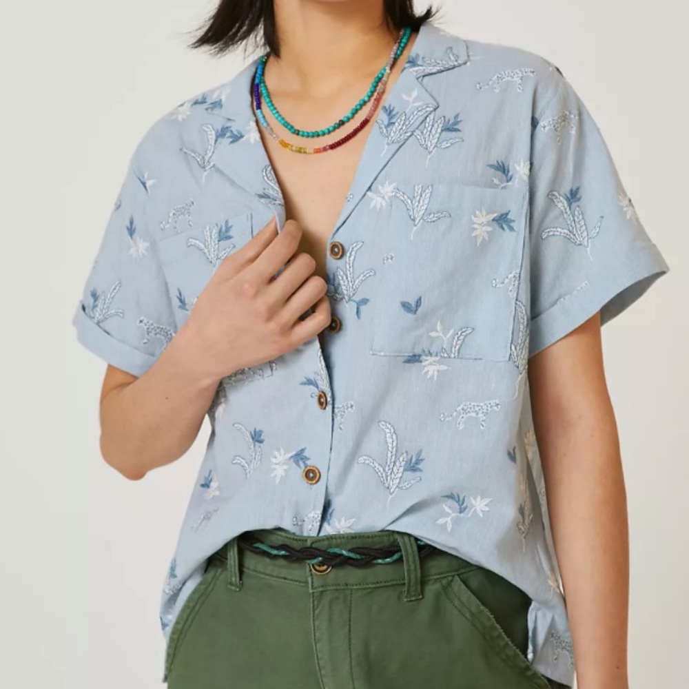 Anthropologie Maeve Embroidered Surf Buttondown Tropical Blue XS